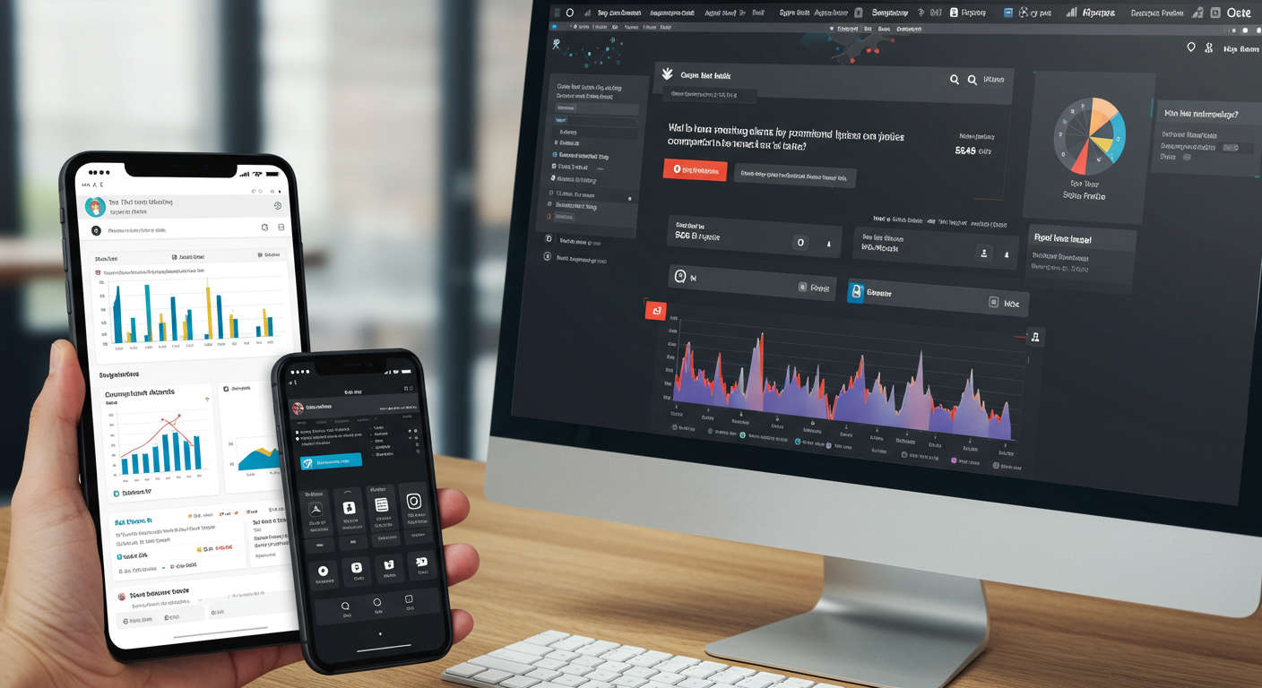 Dashboard showing competitor monitoring alerts and reports with email and Slack notifications on multiple devices