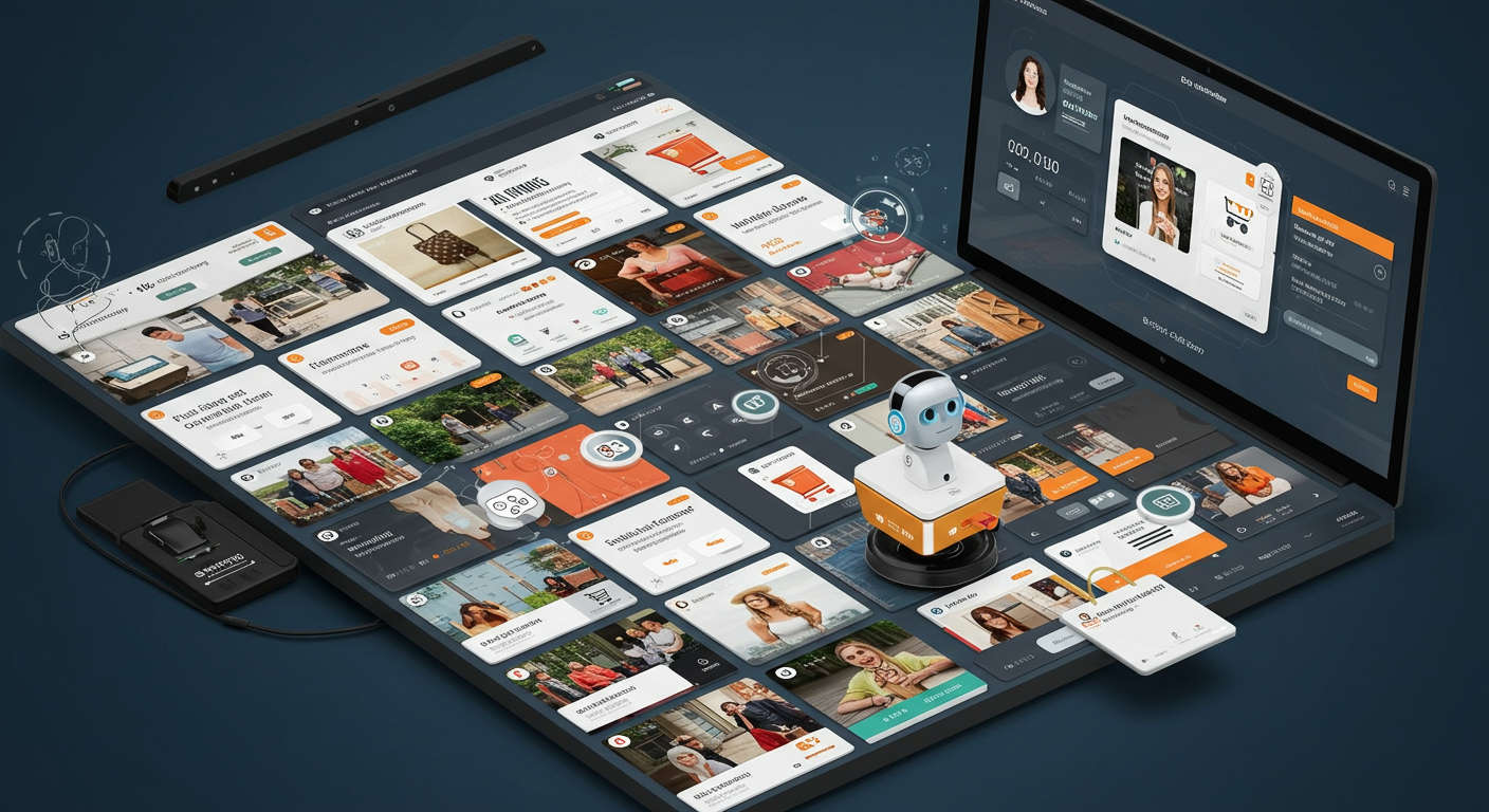 Ecommerce store dashboard showing AI-driven product recommendations, dynamic pricing, and AI chatbots assisting customers with a vibrant and modern interface