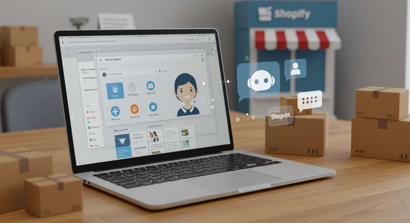 Modern ecommerce customer support scene with AI virtual employee assisting on Shopify store, featuring laptop with Shopify dashboard, chatbot icon, and small business elements