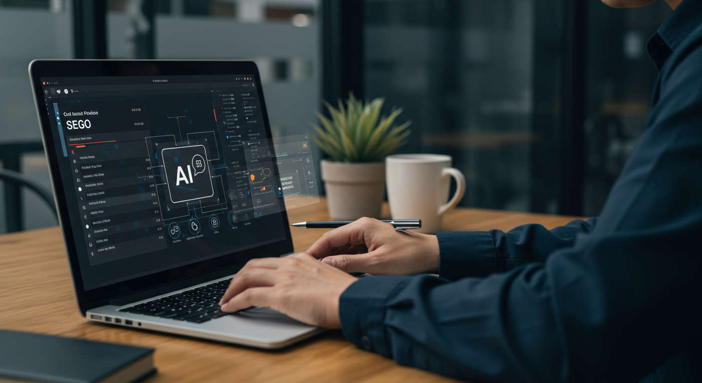 A local service provider using AI automation on a laptop with WordPress and Shopify plugins visible, showing workflow automation and SEO tasks on screen, modern office setting