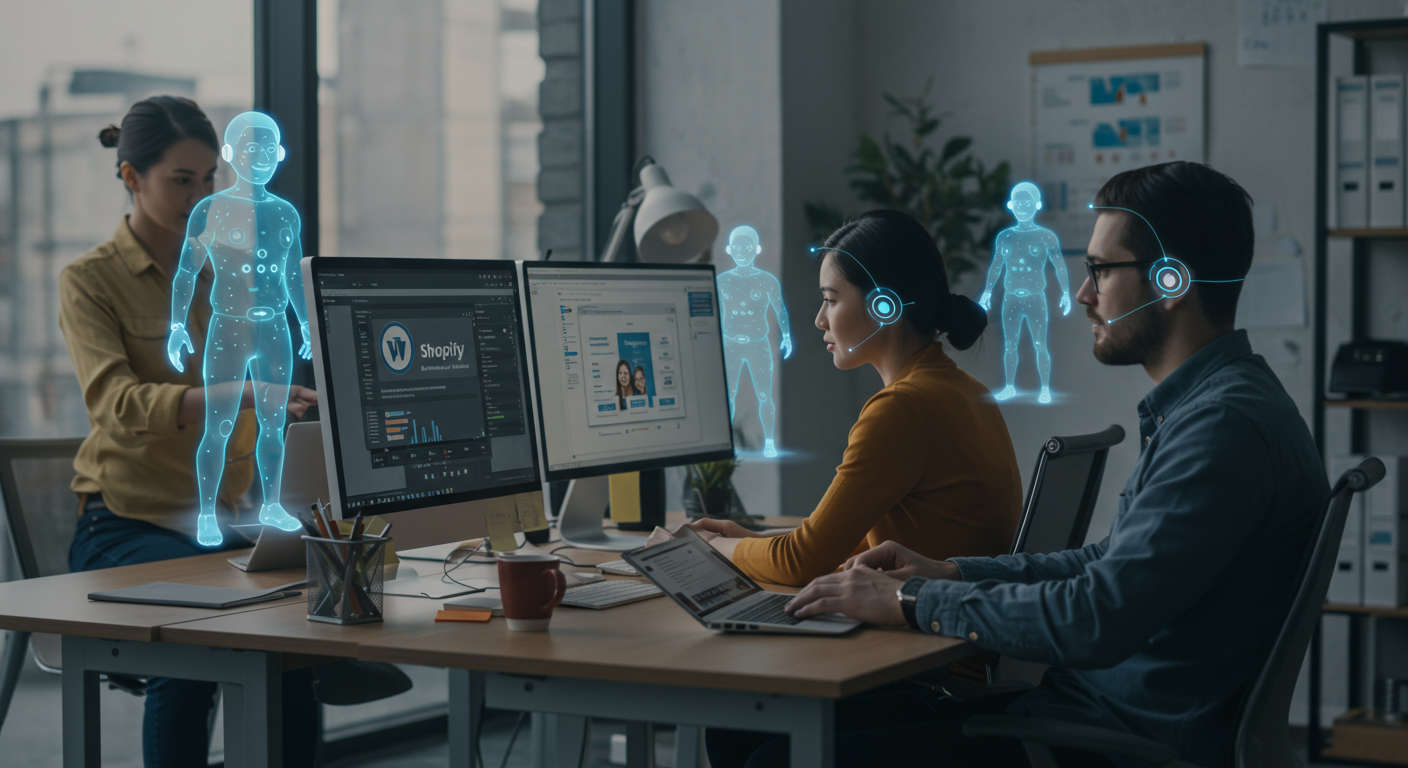 Modern small business office with diverse team collaborating alongside AI virtual employees on computer screens, illustrating AI automation integration with WordPress and Shopify platforms for SMB productivity and growth.