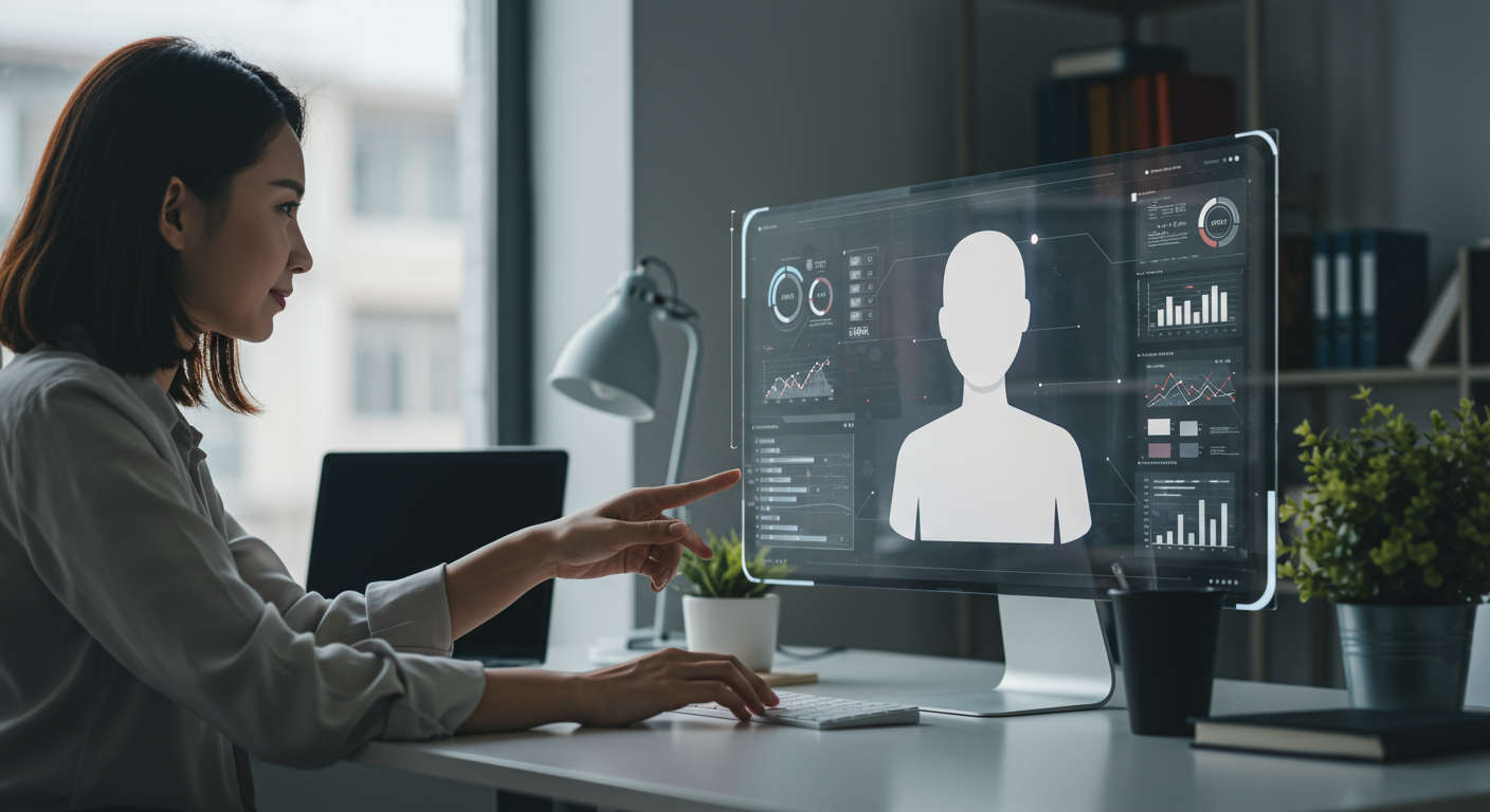 AI virtual employee working on lead generation automation for small businesses in a futuristic office environment