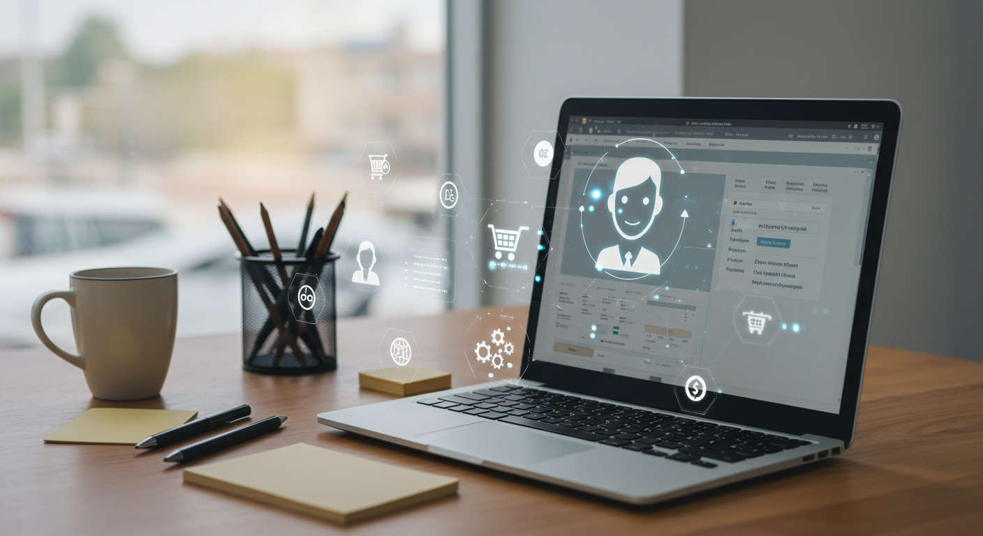Modern e-commerce workspace with laptop displaying Shopify dashboard and AI automation icons, symbolising AI virtual employee automating product descriptions for small businesses and startups