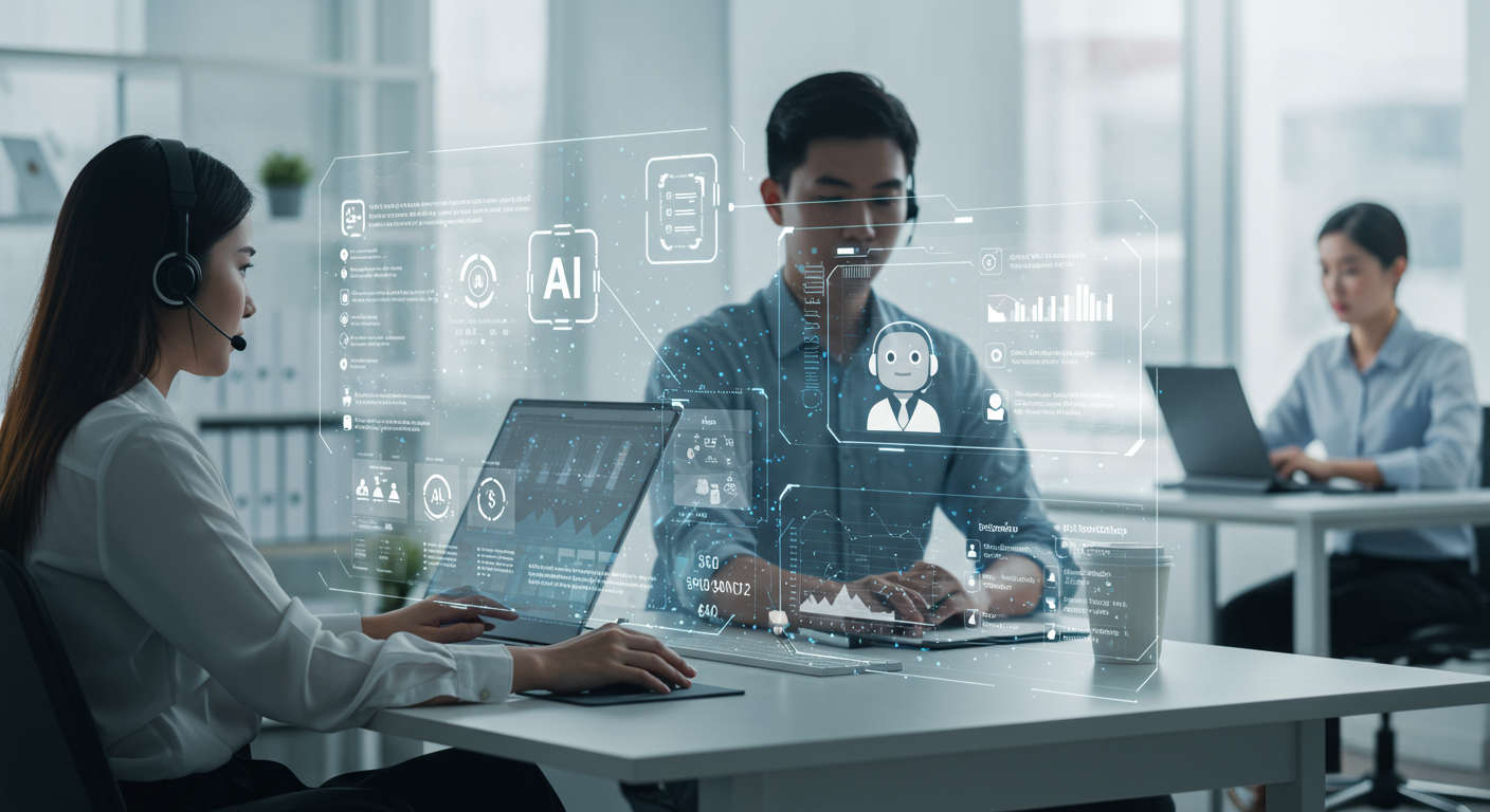 AI workflow automation in customer support for small teams, showing efficiency and productivity, futuristic digital interface, business setting