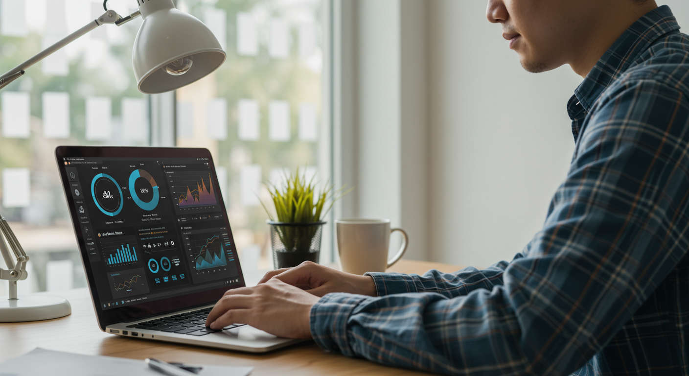 Small business owner using AI automation on a laptop, digital marketing concept, lead generation, modern office environment