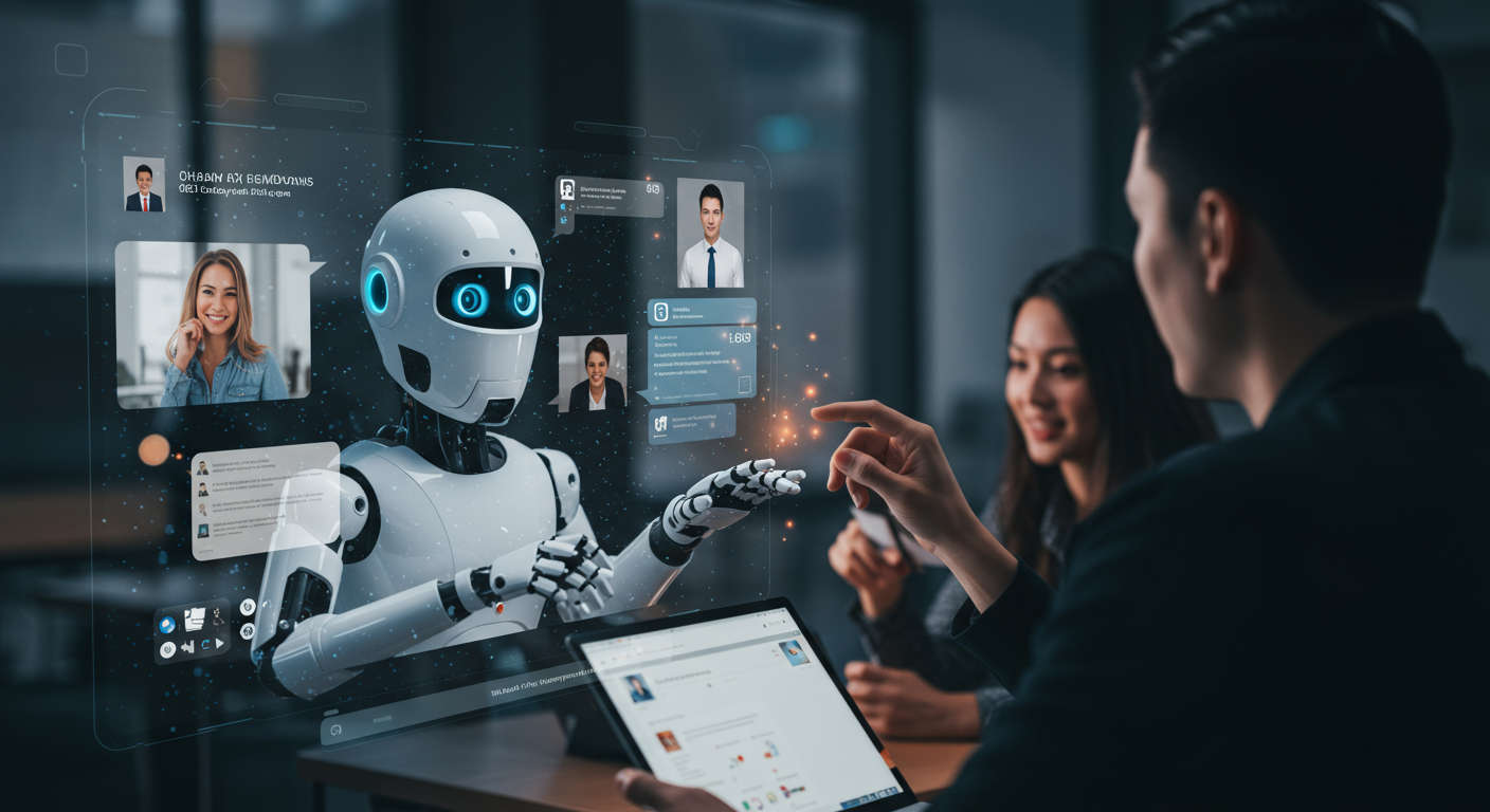 AI virtual employee chatbot engaging with customers on multiple channels like website, social media, and SMS for lead generation, showing instant responses and personalised communication, vibrant and dynamic digital interface