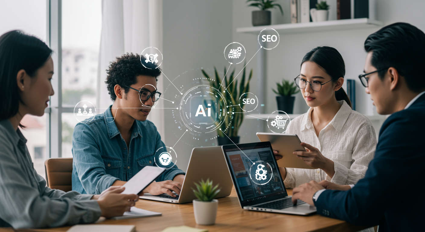 Diverse small business owners and startup entrepreneurs using AI-powered WordPress and Shopify plugins on laptops and tablets in a modern digital workspace with automation and e-commerce icons