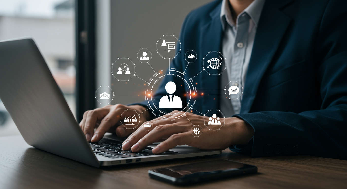 Small business owner using AI virtual employee on laptop, surrounded by icons representing content creation, lead generation, and customer support, modern office setting