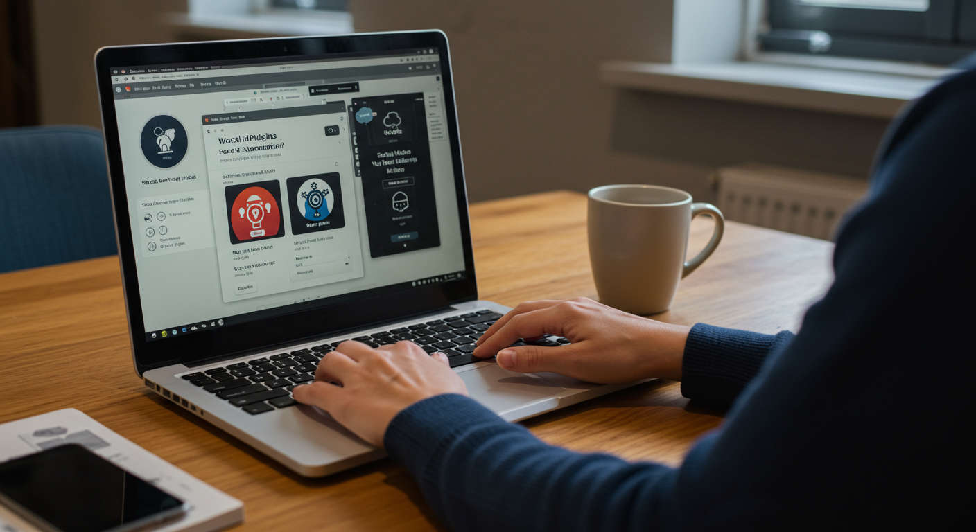 Small business owner using WordPress and Shopify plugins for social media automation on a laptop in a modern office environment
