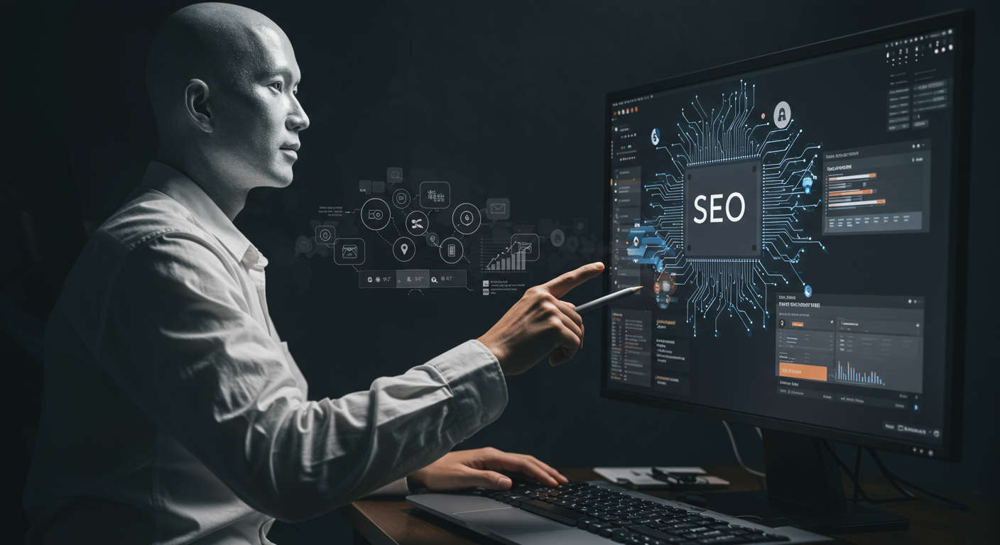 AI agent autonomously creating and publishing SEO content on a computer screen, showing keyword research and blog post optimisation, ecommerce and local service industry background