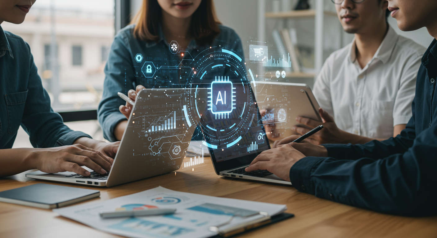 Modern small business office with diverse professionals using AI technology and digital AI interface overlays representing automation and virtual AI agents for marketing and e-commerce.