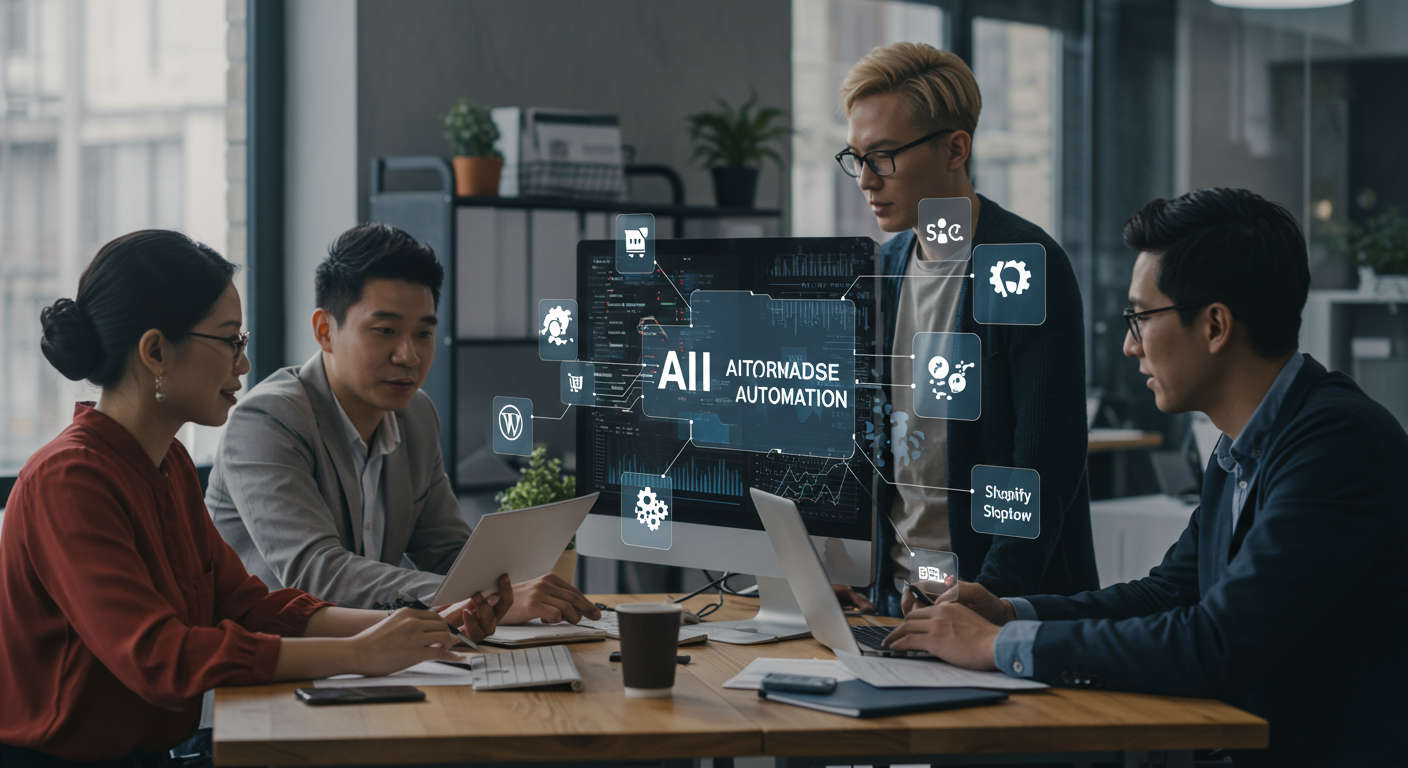 Startup entrepreneurs collaborating with AI technology in a modern office, showcasing digital automation and marketing analytics with WordPress and Shopify integration.