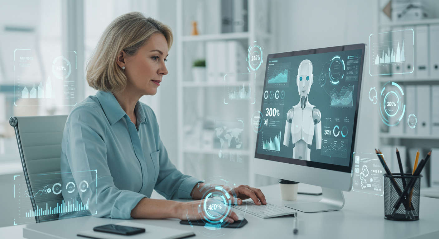 Small business owner using AI virtual employee on computer, showing cost savings and efficiency, modern office environment, digital technology theme