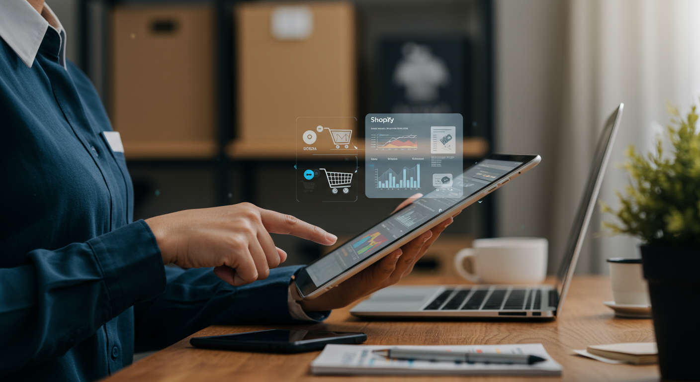 Shopify store owner setting up AI virtual employee with product and customer data on a tablet, vibrant ecommerce environment, showcasing automation and efficiency