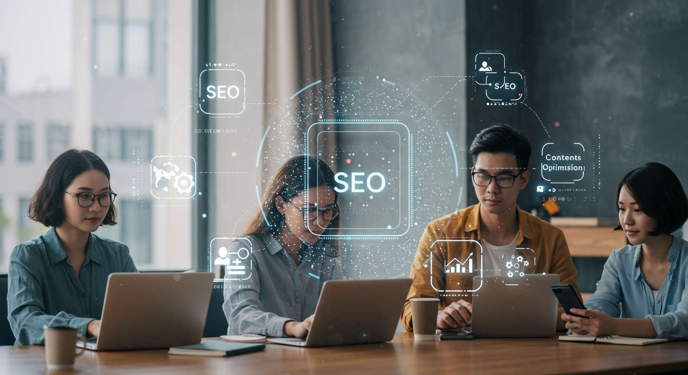 Diverse small business owners and startup entrepreneurs using AI technology on laptops and mobile devices with icons representing Google Discover, SEO, and content optimisation.