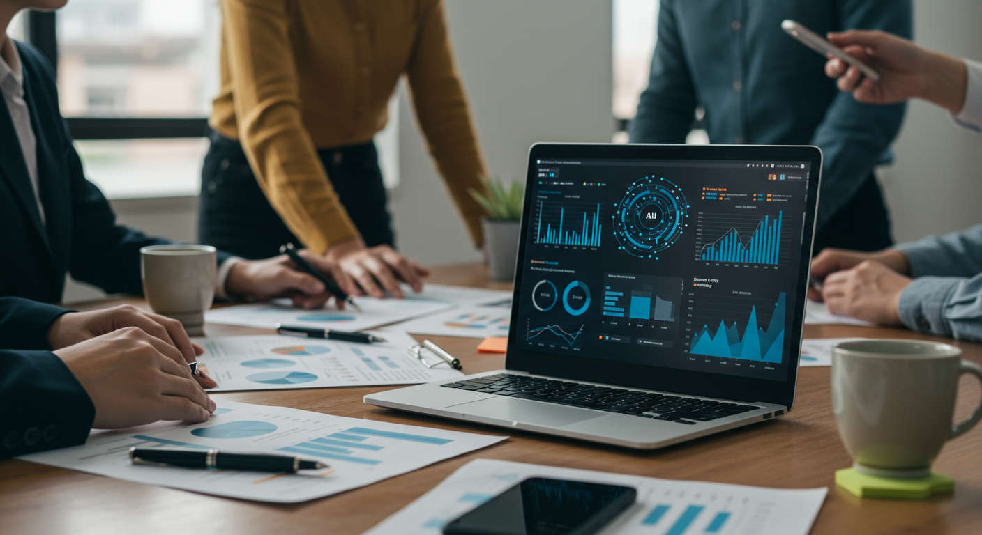 Modern office workspace with laptop showing AI competitor analysis dashboards, business documents, and diverse professionals collaborating, symbolising no-code AI tools for SMB growth