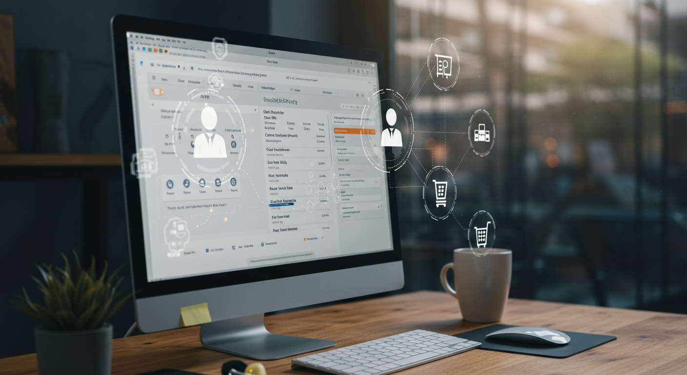A modern e-commerce workspace showing a Shopify dashboard on a computer screen with AI virtual employee icons and automation processes in the background, representing AI automation for order management