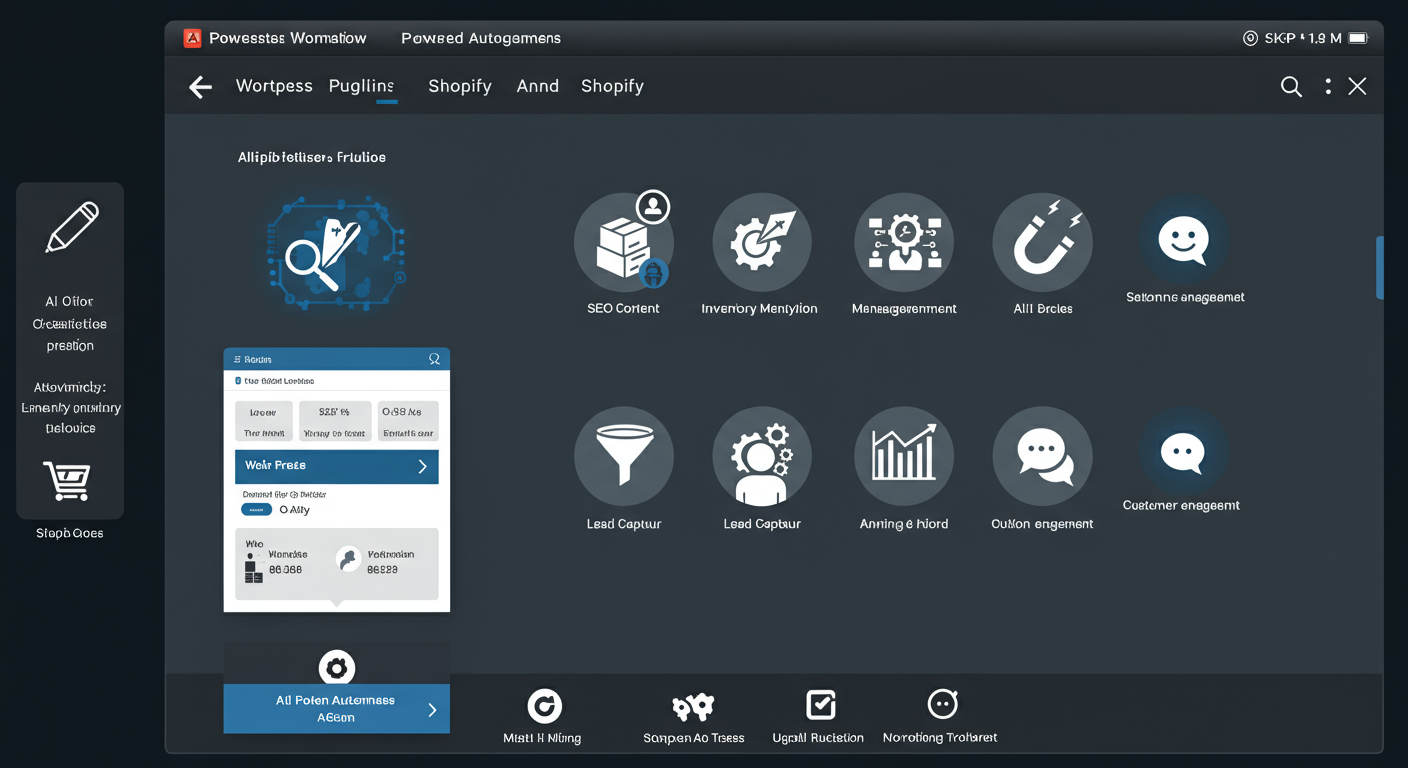 Dashboard of AI automation workflows on WordPress and Shopify plugins, with icons representing SEO content creation, inventory management, lead capture, and customer engagement
