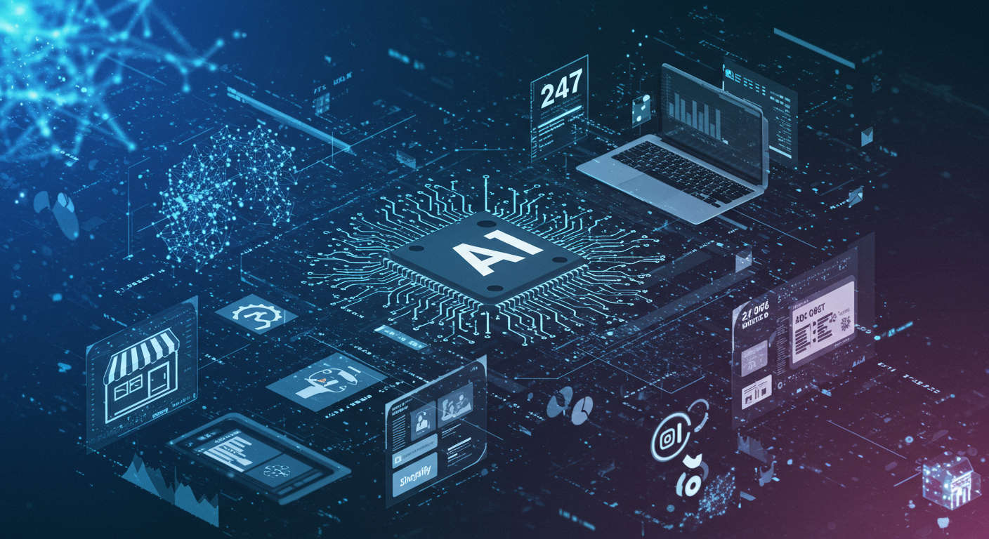 Digital collage of AI technology and business automation with neural networks, data streams, and small business icons representing 24/7 AI-driven productivity for SMBs and startups