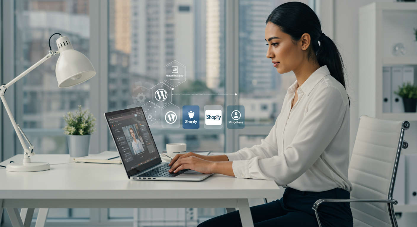 Small business owner using AI virtual employee on laptop, with WordPress and Shopify logos, digital marketing automation concept, modern office background