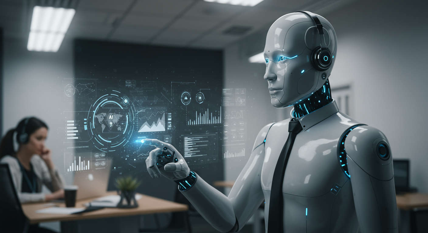 AI virtual employee working autonomously in a small business environment, showing digital automation of customer service, data analysis, and business processes