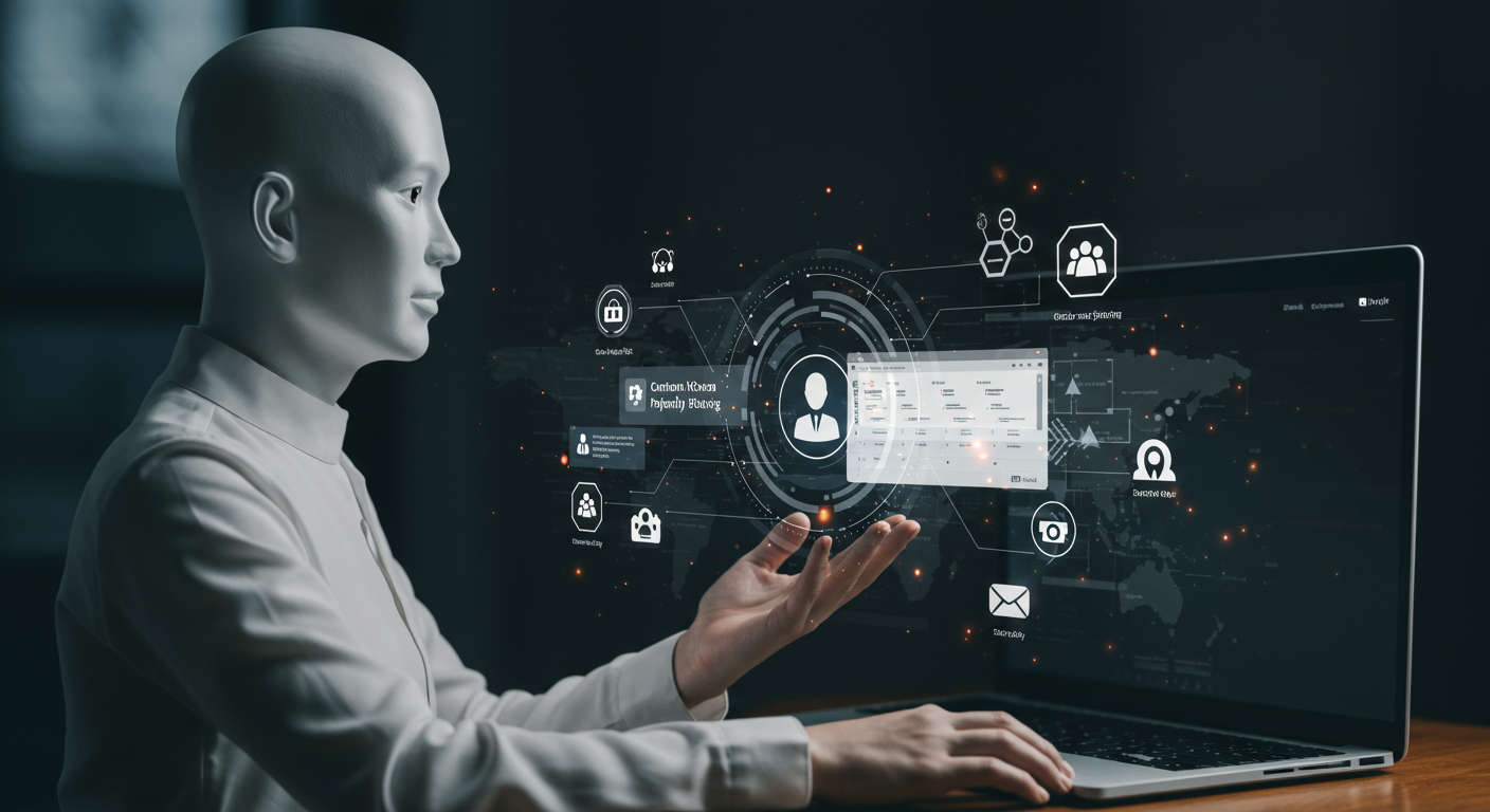An AI virtual employee automating content publishing and social media scheduling on WordPress and Shopify platforms, showing seamless workflow automation with digital interface elements