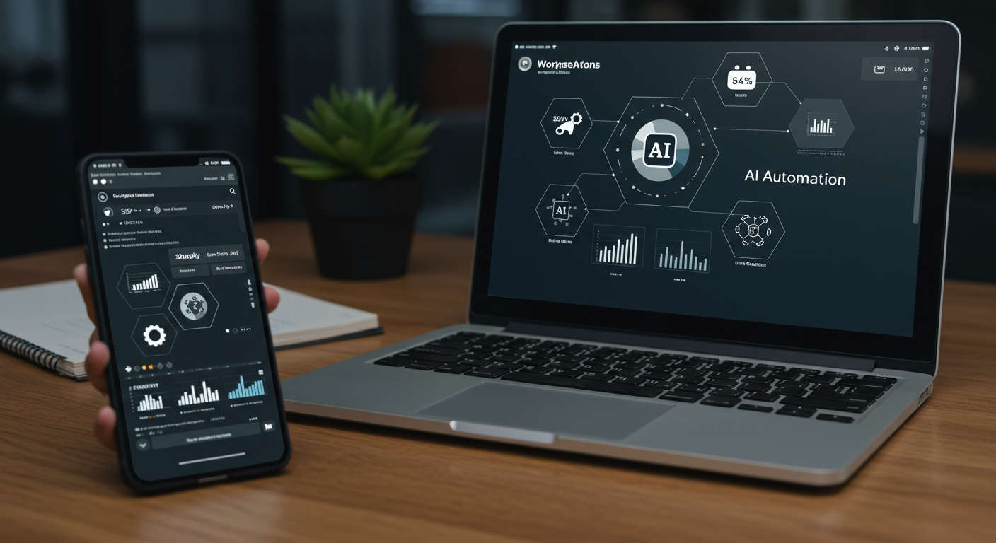 Modern digital workspace with laptop and smartphone showing WordPress and Shopify dashboards with AI automation icons and graphs for small business automation