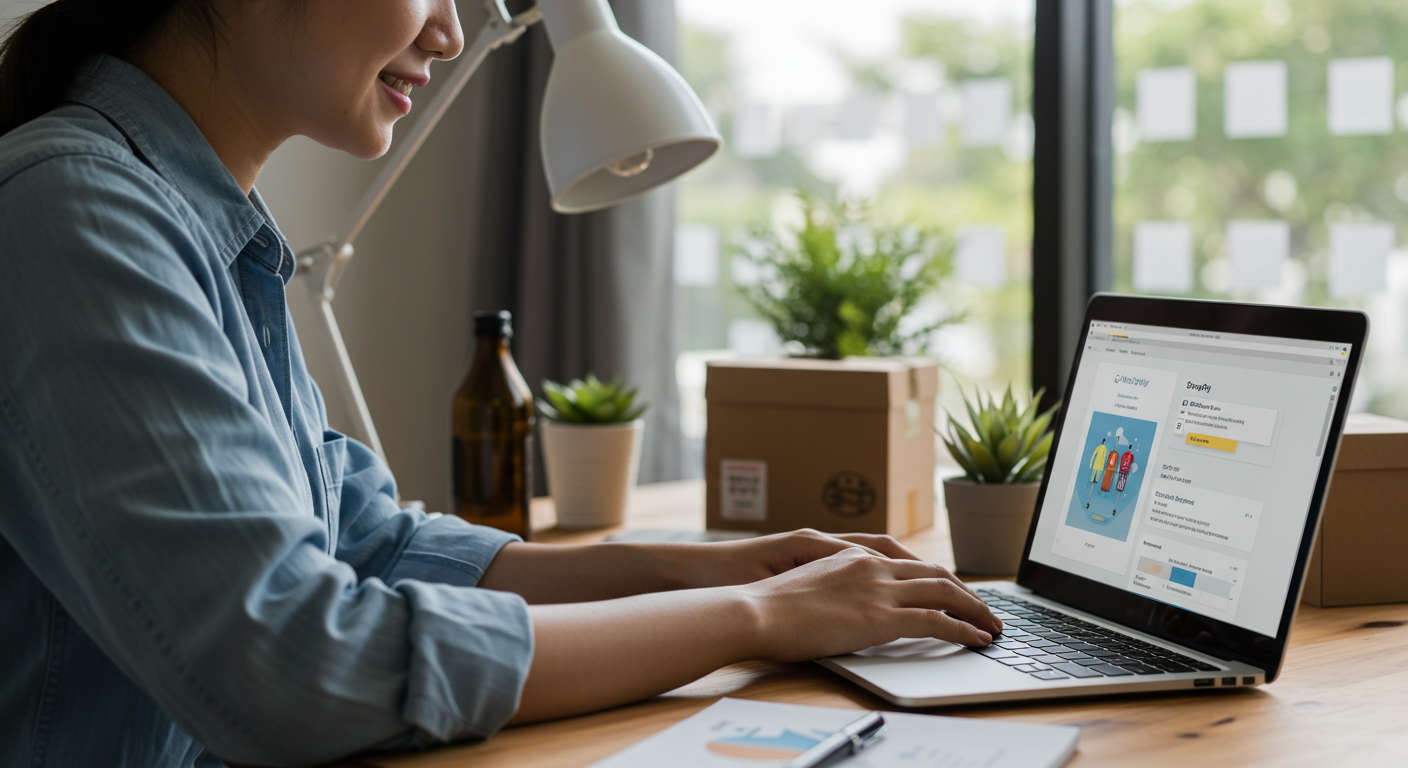 Ecommerce small business owner using AI virtual employee on laptop with Shopify and WordPress plugins, showing product descriptions and SEO content automation