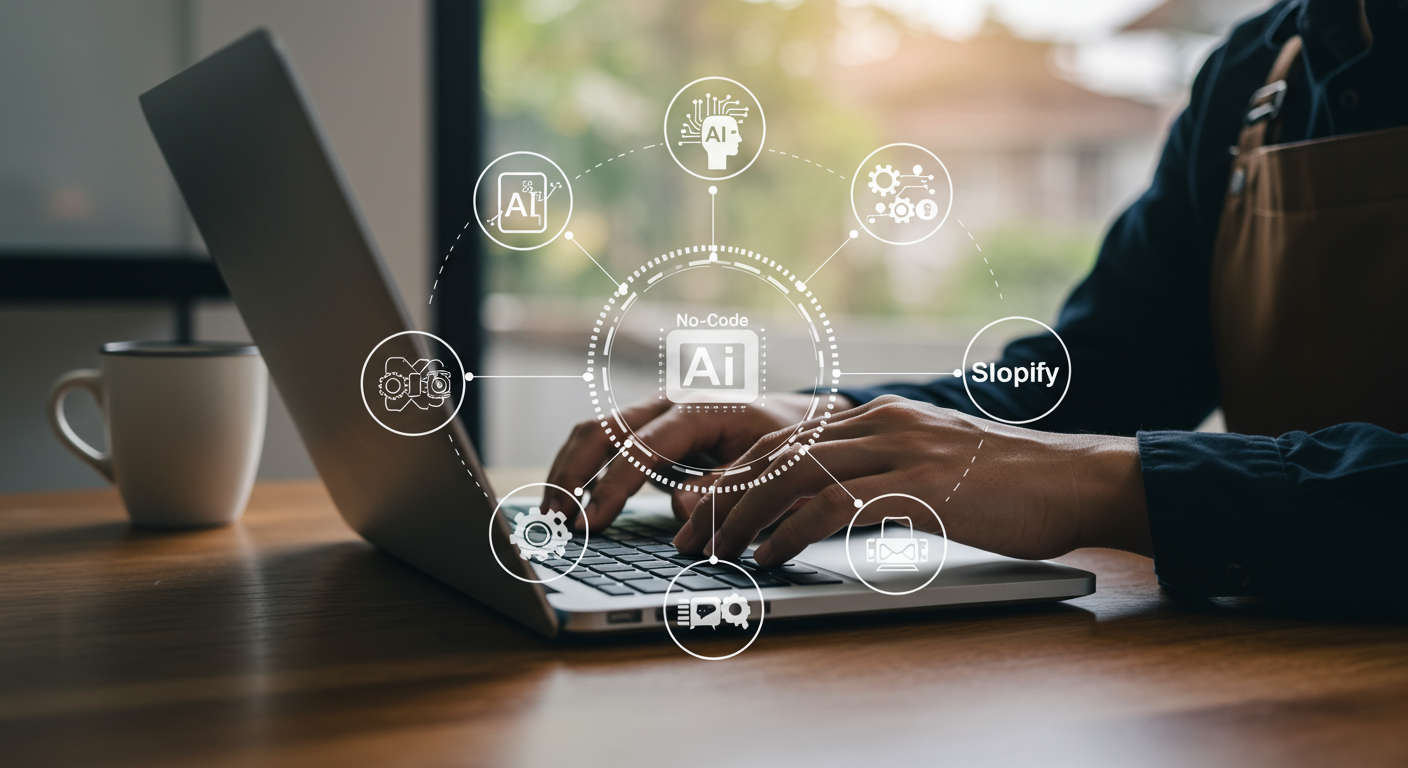 Small business owner using no-code AI onboarding platform with WordPress and Shopify integration icons