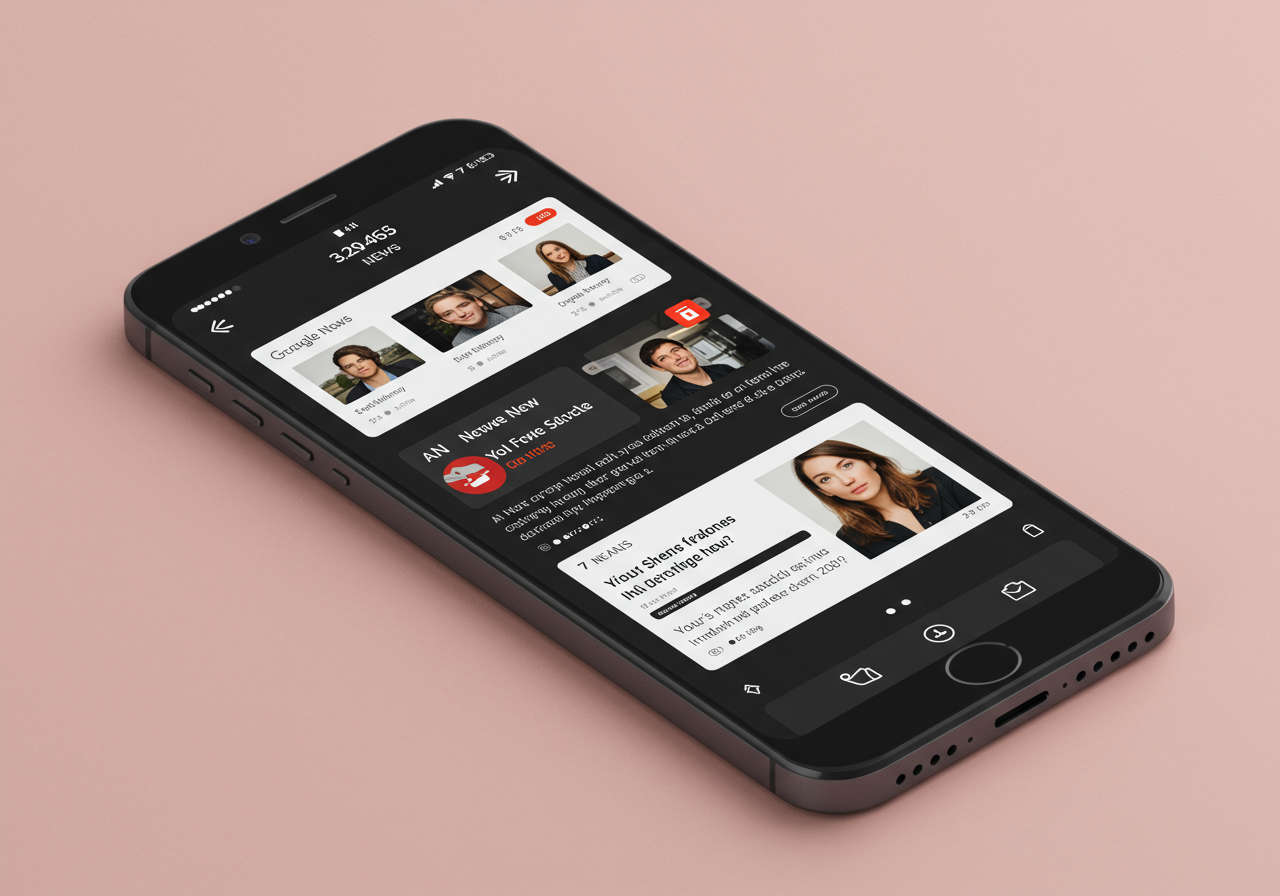 A modern digital news interface showing AI-generated news summaries on a mobile device, highlighting Google Discover algorithm updates and news curation.