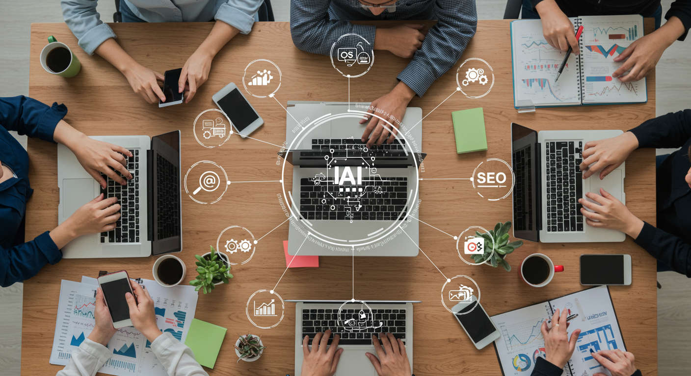 Small business owners using laptops with AI automation and marketing icons representing daily content publishing and SEO growth