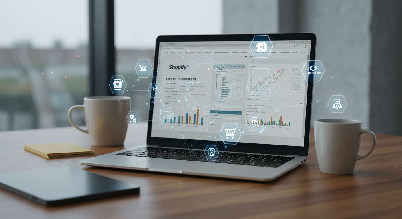 Modern e-commerce workspace with laptop showing Shopify dashboard and digital icons representing AI automation and inventory management for small businesses