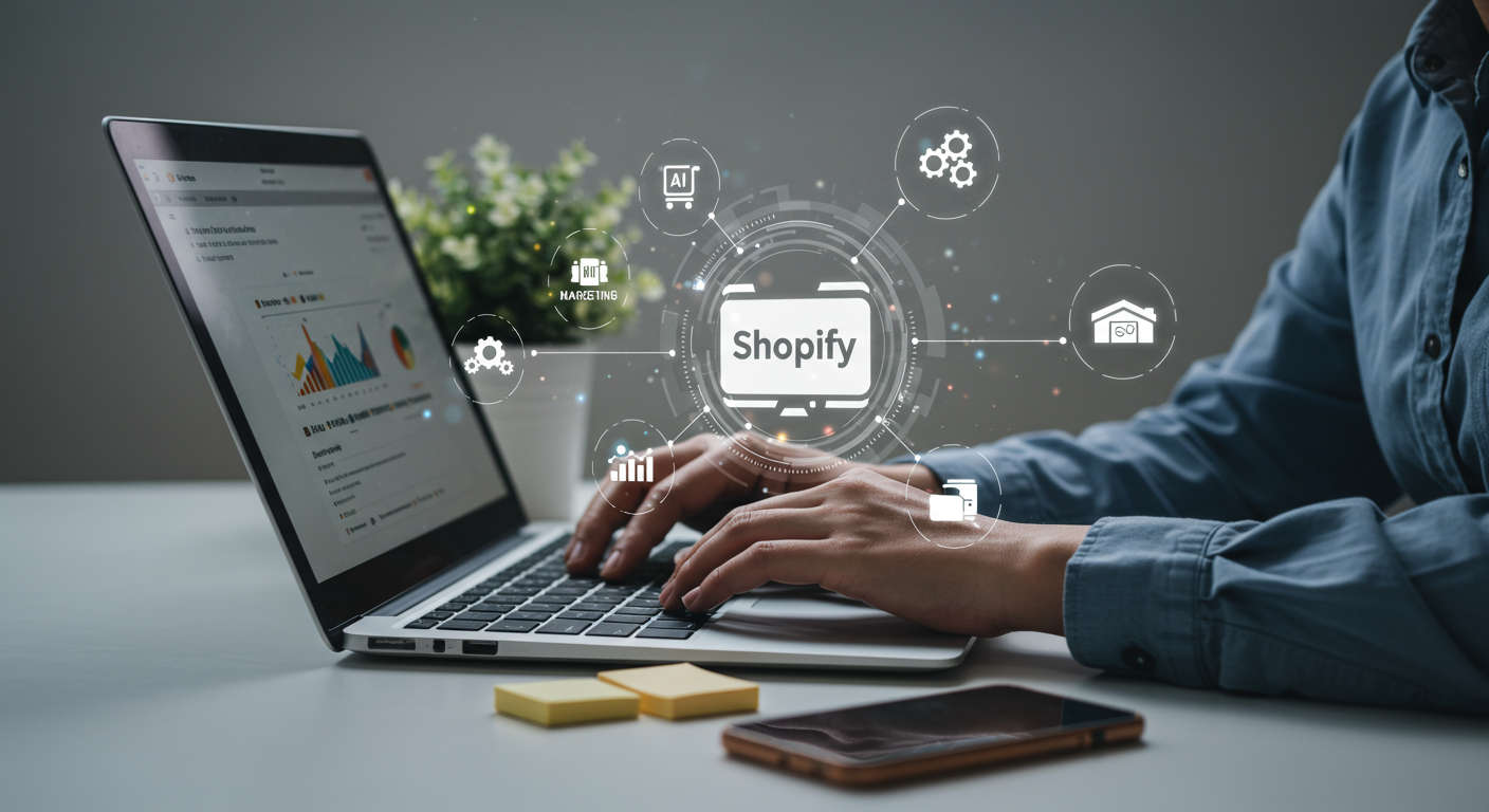 Small business owner using laptop with Shopify and AI automation icons in a bright workspace representing ecommerce growth and marketing automation for SMBs