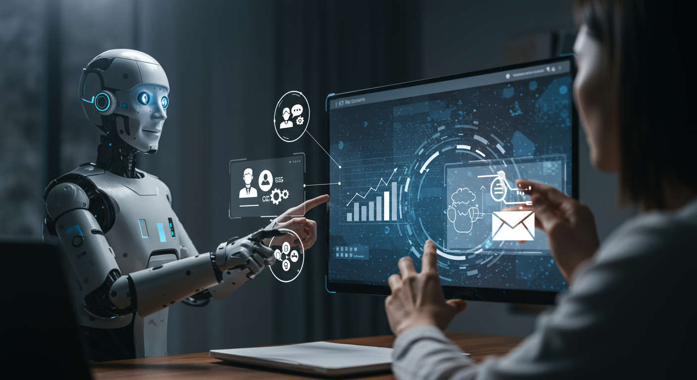 AI lead generation automation concept showing a chatbot interacting with website visitors on a screen, automated email follow-ups, and lead nurturing icons in a futuristic digital interface style