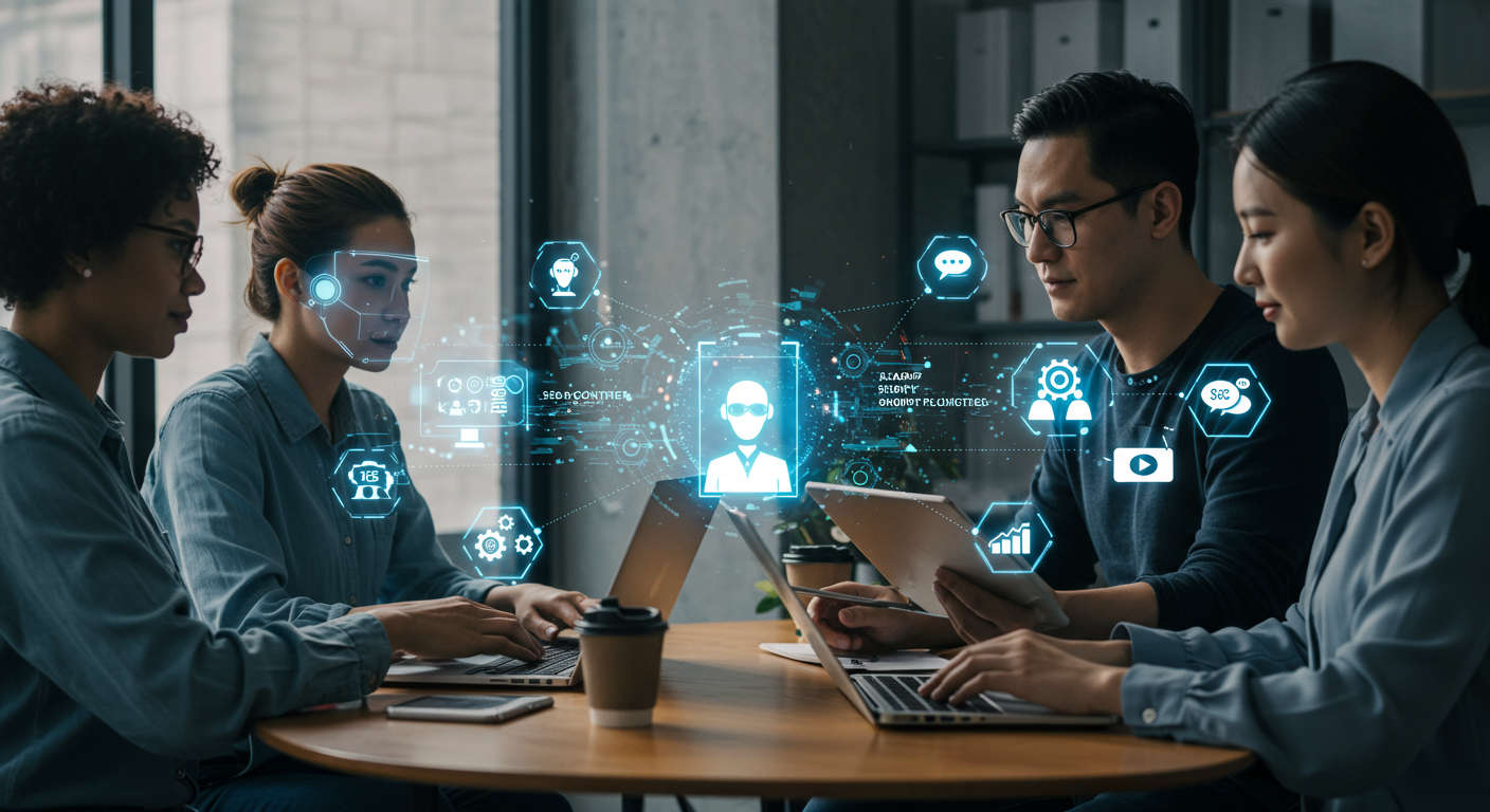 Diverse small business owners and startup entrepreneurs using AI virtual employees on laptops and tablets with icons of automation tasks like SEO, lead generation, and customer service in a modern office setting.