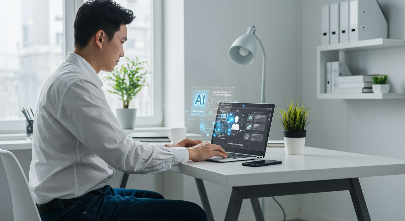 Small business owner using AI virtual employee on laptop, working on SEO blog content automation, modern office setting, digital marketing concept