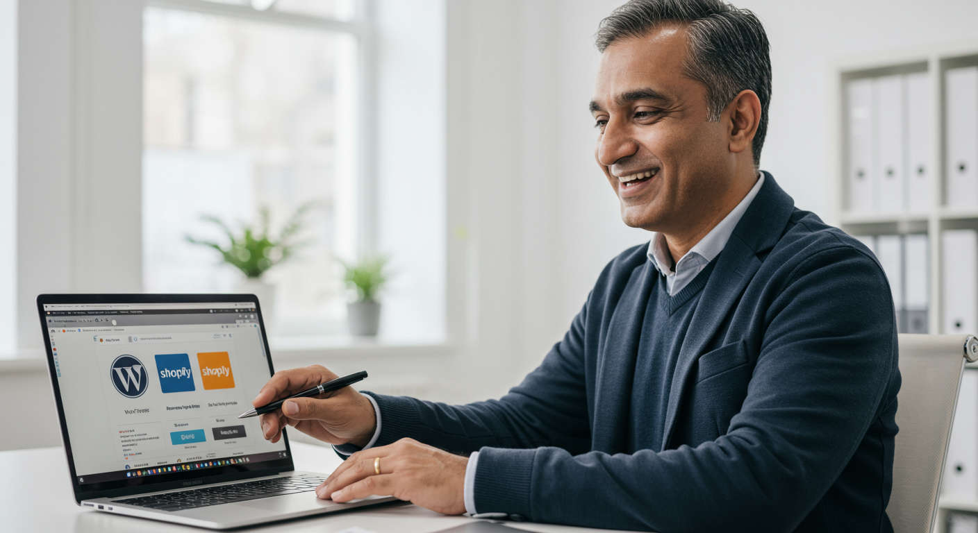 Small business owner happily setting up AI automation on a laptop, showing WordPress and Shopify logos on screen, modern office background, bright and professional