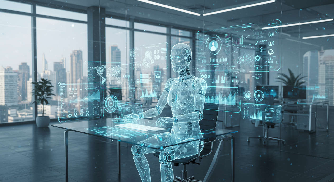 AI virtual employee working on multiple digital marketing tasks autonomously in a futuristic office environment