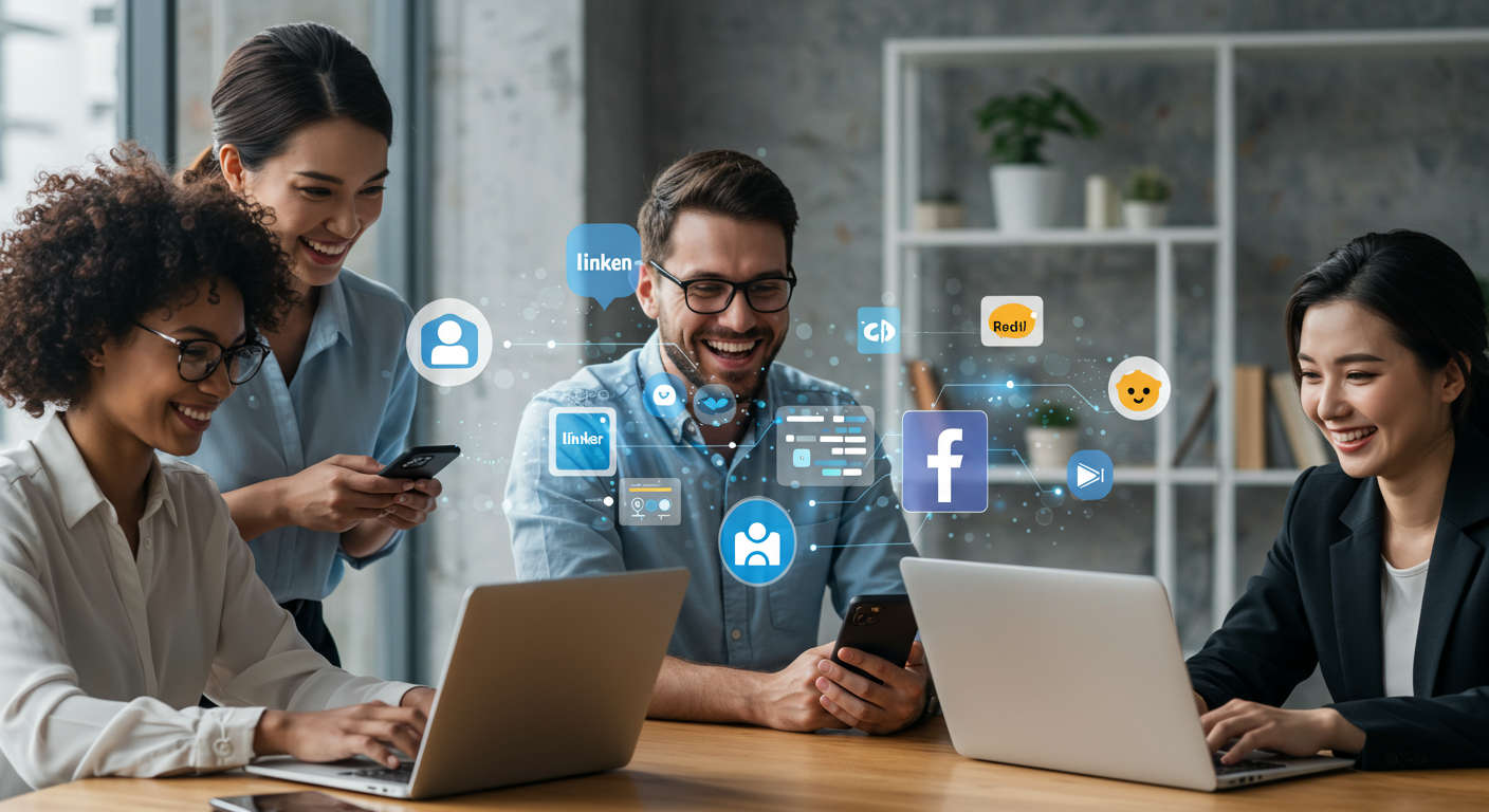 Small business owners using AI technology on laptops and smartphones with social media icons floating around, representing automated social media scheduling and publishing for SMBs.