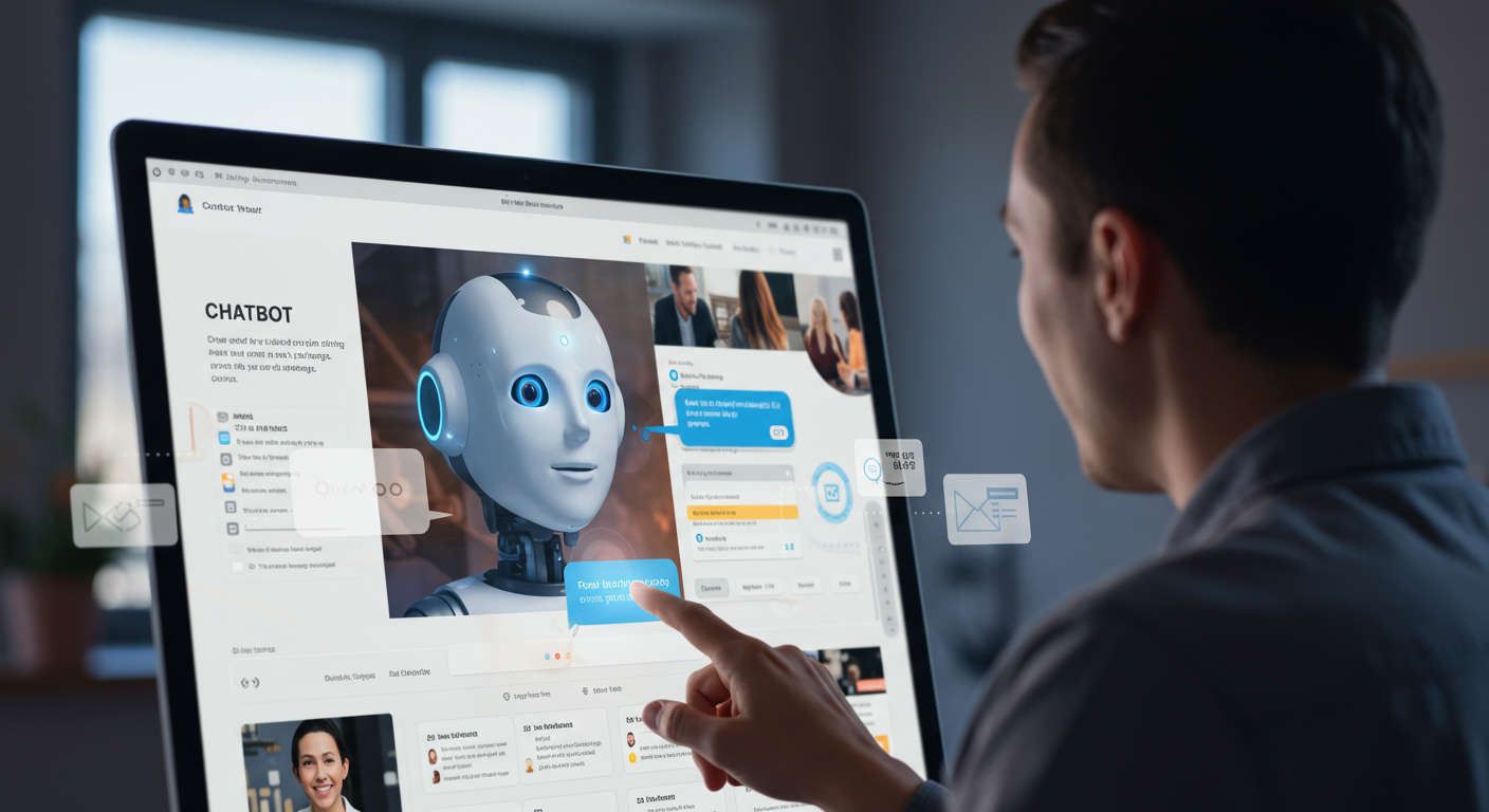 AI chatbot engaging with website visitors on a small business website, lead capture forms, automated follow-ups, digital marketing automation