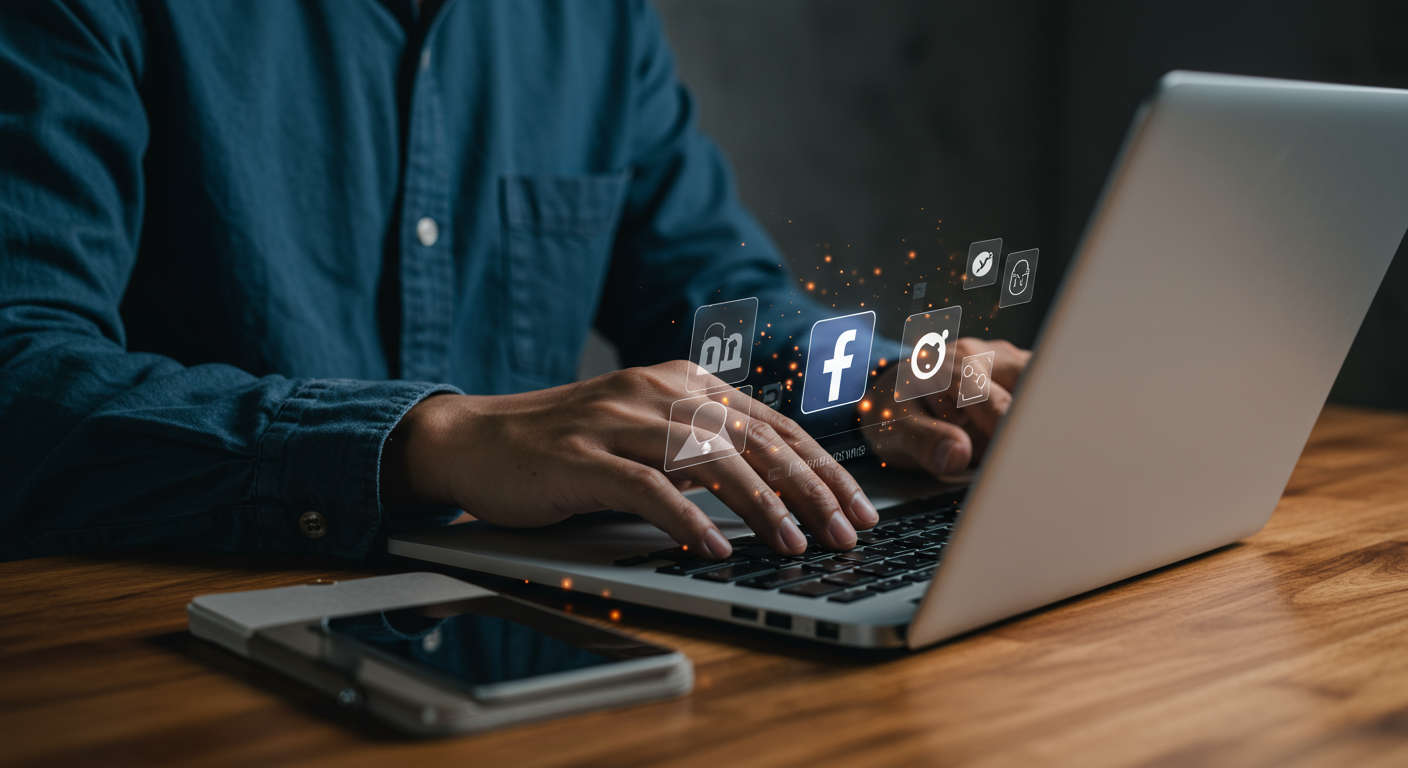 Small business owner using AI social media scheduling plugin on laptop, showing LinkedIn, Facebook, Reddit icons, modern workspace, no coding needed, digital automation concept