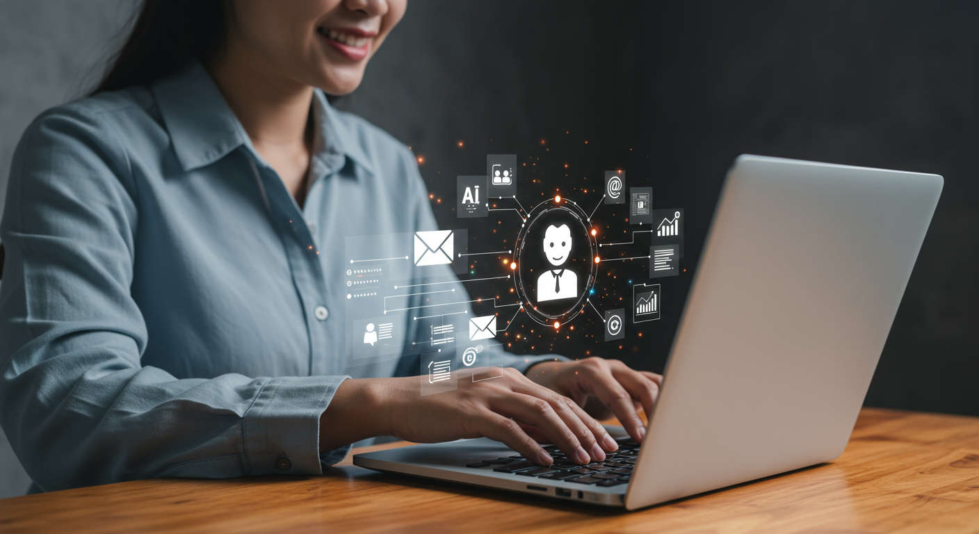 Small business owner using AI-powered email marketing automation on a laptop, with icons representing email campaigns, AI virtual employee, and automation workflow