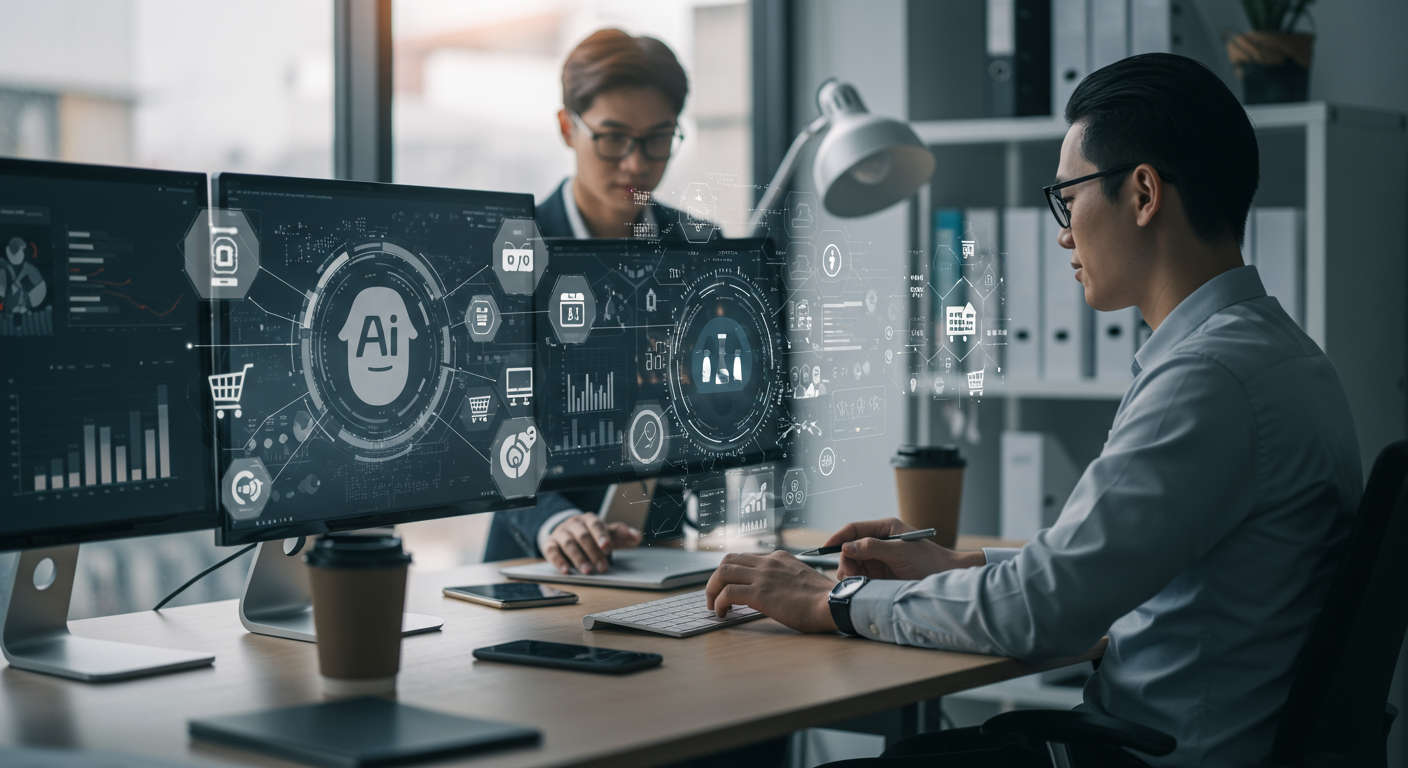 Modern small business office with professionals using AI technology for workflow automation and ecommerce management