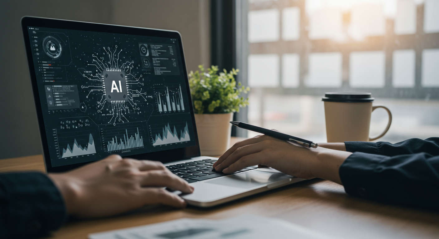 Modern workspace with laptop showing AI data and charts, symbolising autonomous AI content publishing for small businesses