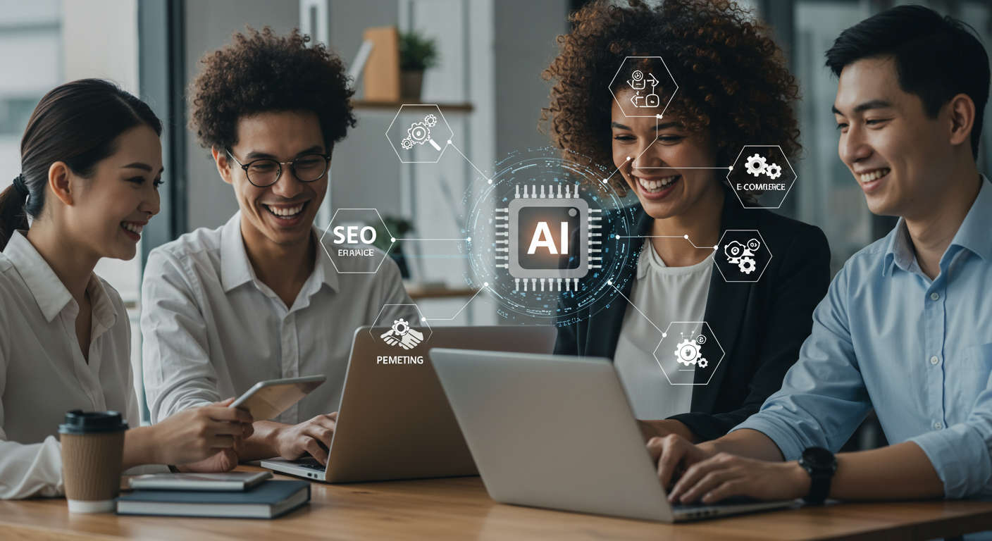 Small business owners using AI technology for marketing automation and growth in a modern office environment