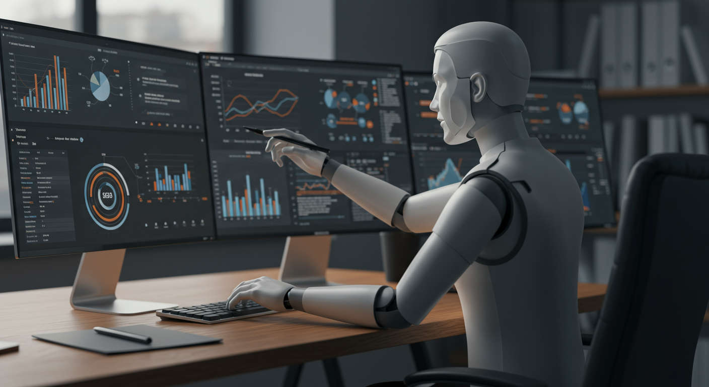 AI virtual employee conducting keyword research and competitor analysis with data visualisation on multiple screens