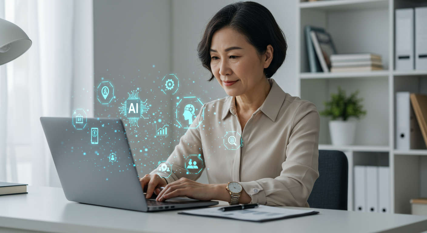 A small business owner using AI automation on a laptop with digital icons representing workflow, efficiency, and customer experience around them