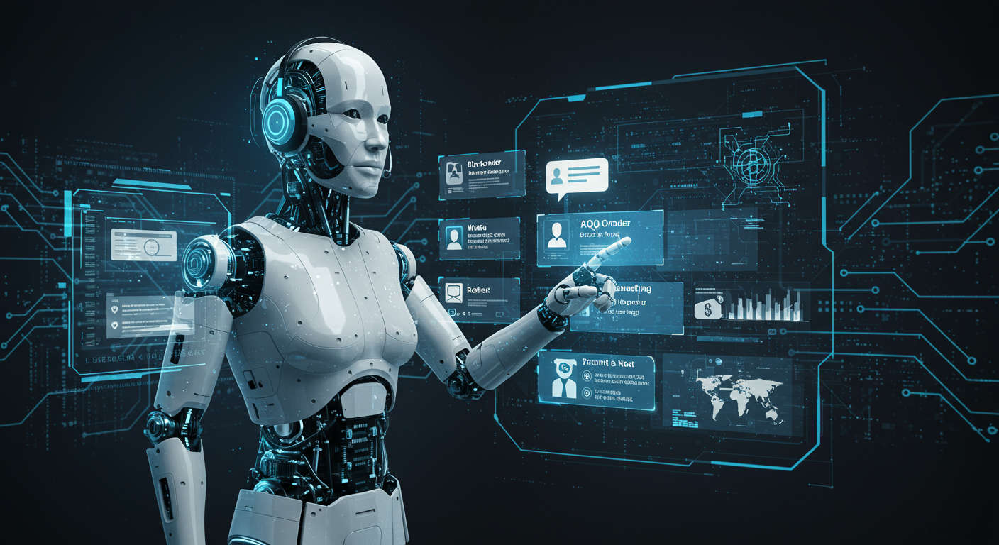AI virtual employee autonomously managing customer support tasks, answering FAQs, processing orders, handling returns, ticketing system, futuristic technology theme