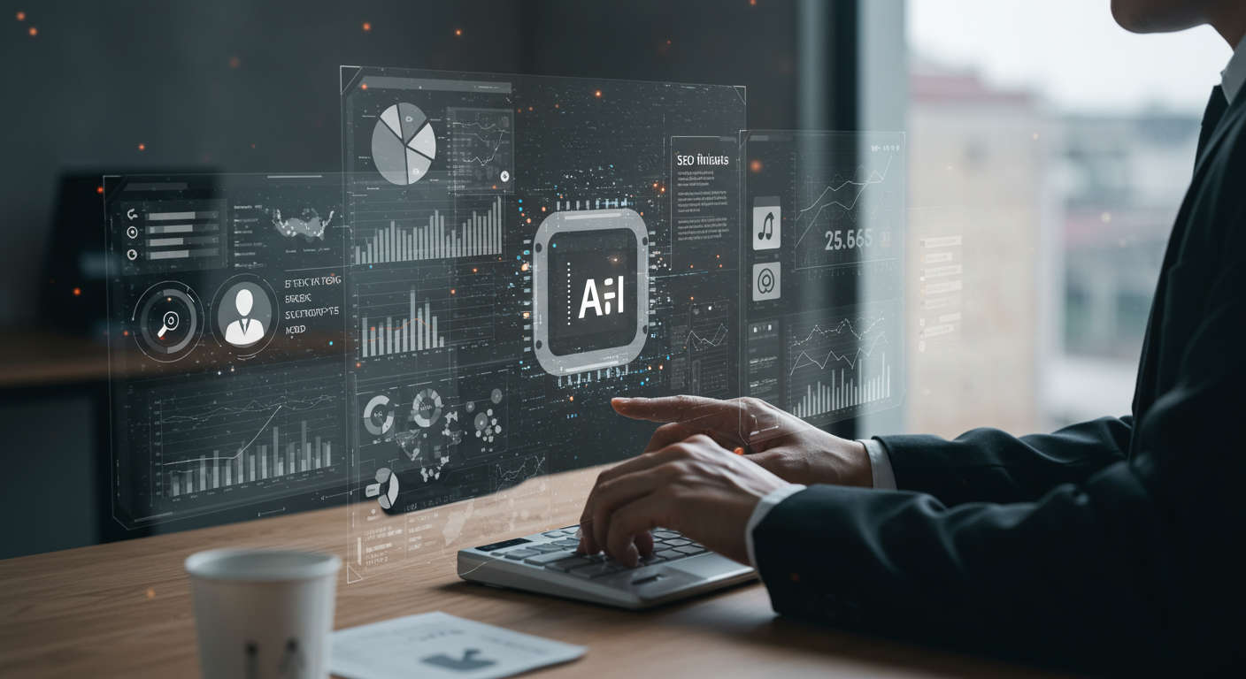 A professional AI virtual employee working on multiple digital screens showing business data, SEO tasks, and automation icons, representing AI customisation for SMBs and startups