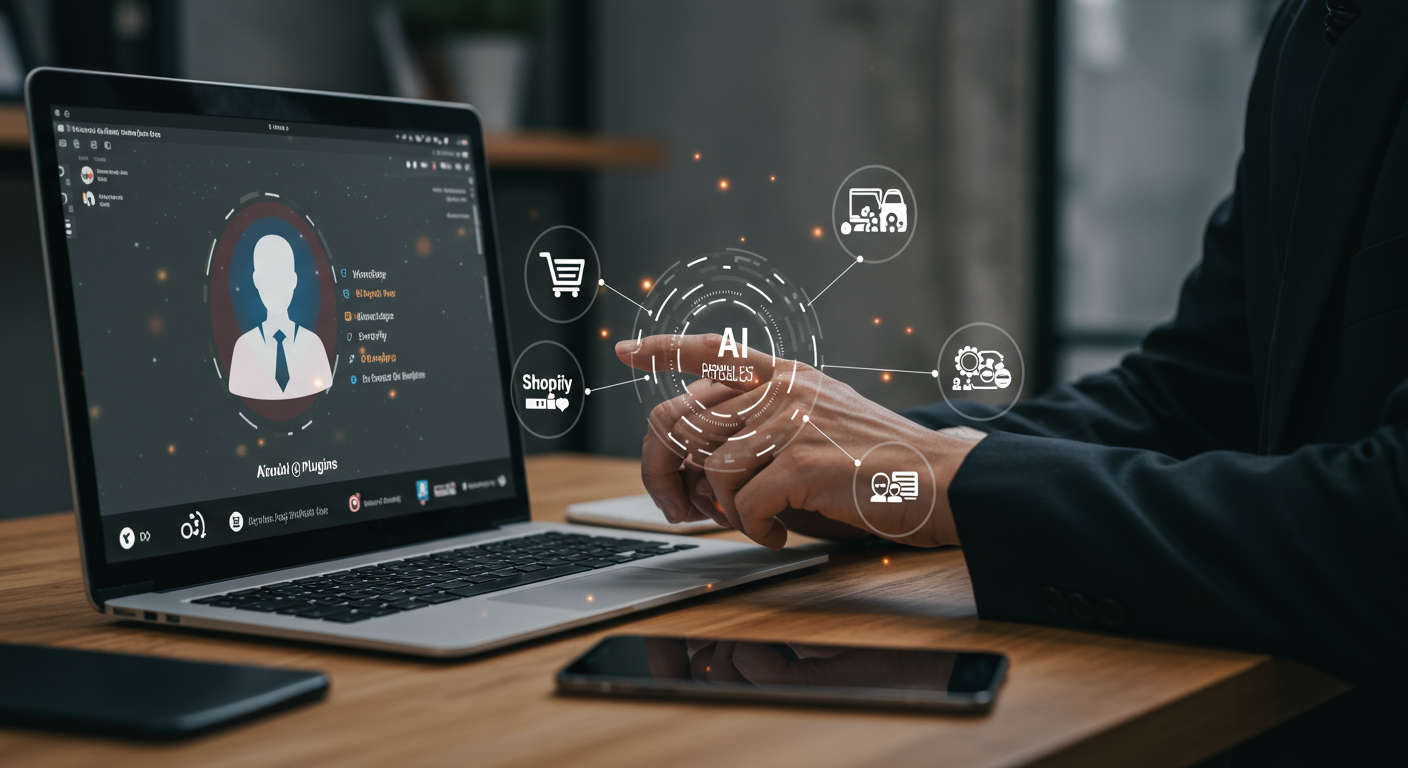 Small business owner setting up AI virtual employee on WordPress and Shopify plugins, with a user-friendly interface on screen and icons showing seamless integration and no-code onboarding